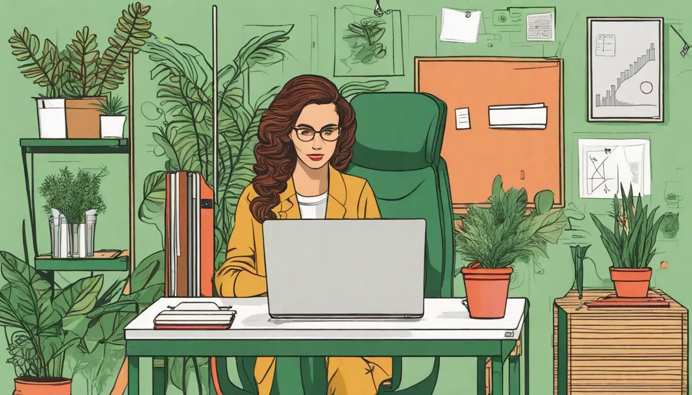 Corretora de seguros em um escritório discutindo estratégias de empreendedorismo com gráficos coloridos e laptop, destacando dicas importantes.