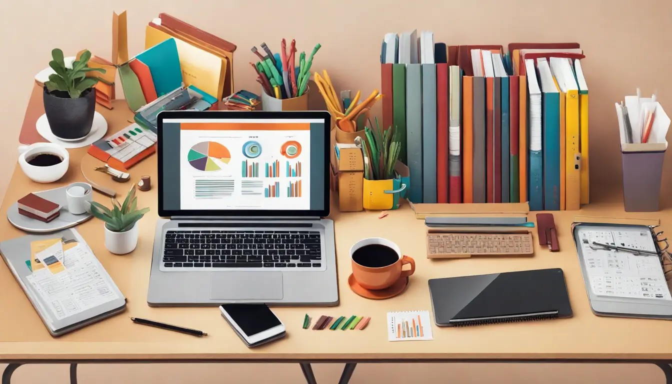 Mesa de escritório com laptop exibindo gráficos financeiros, calculadora, documentos, canetas e café, destacando o ambiente de gestão financeira.