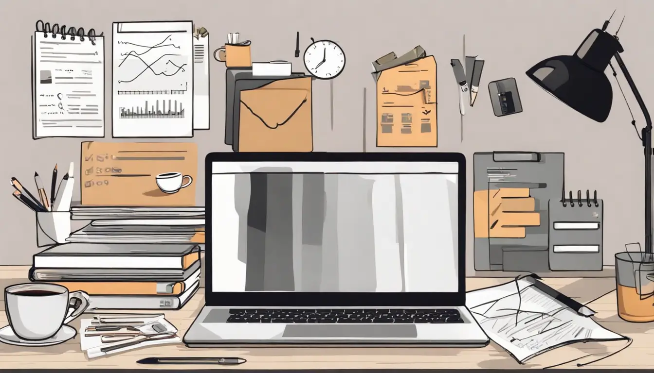Mesa de escritório com laptop exibindo gráficos financeiros, calculadora, cadernos e xícara de café, com salão de eventos decorado ao fundo.