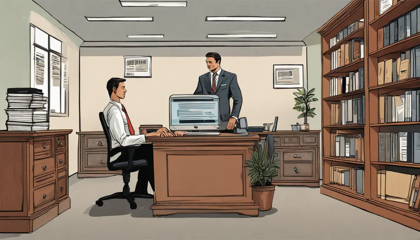 Imagem de um escritório de negócios com uma mesa de madeira grande, computador mostrando um site com título "CNAE," estantes com livros rotulados "Setores," "Atividades," e "Empresas," pessoa de negócios sentada na mesa e calendário na parede.