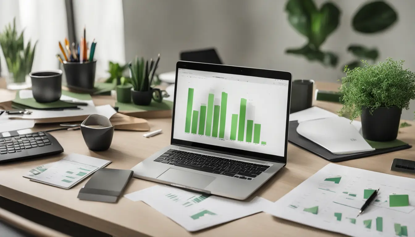 Imagem de mesa de escritório moderna com laptop mostrando gráficos financeiros, documentos, calculadora, café, prateleiras de arquivos e planta no fundo