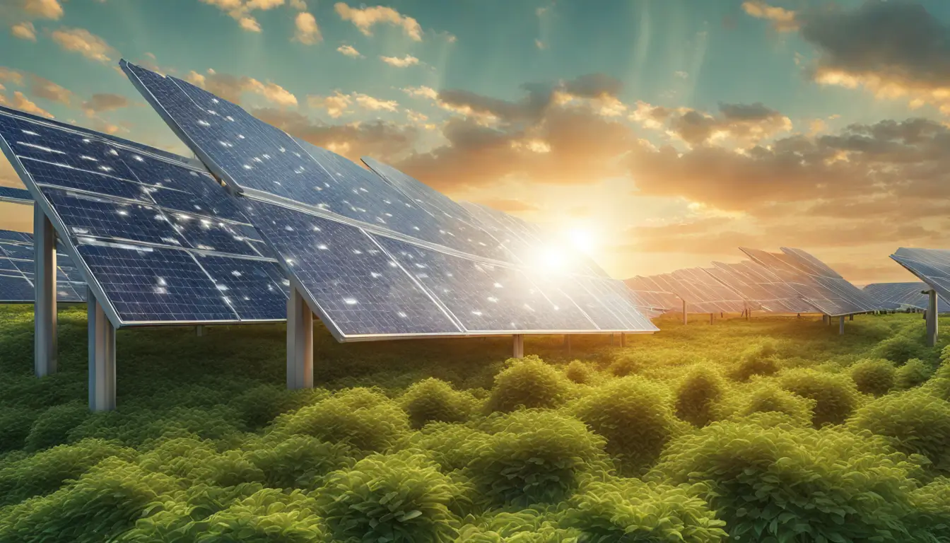 Usina solar moderna com painéis solares azuis em funcionamento, destacando a energia sustentável para empresas e a redução de impostos no Brasil