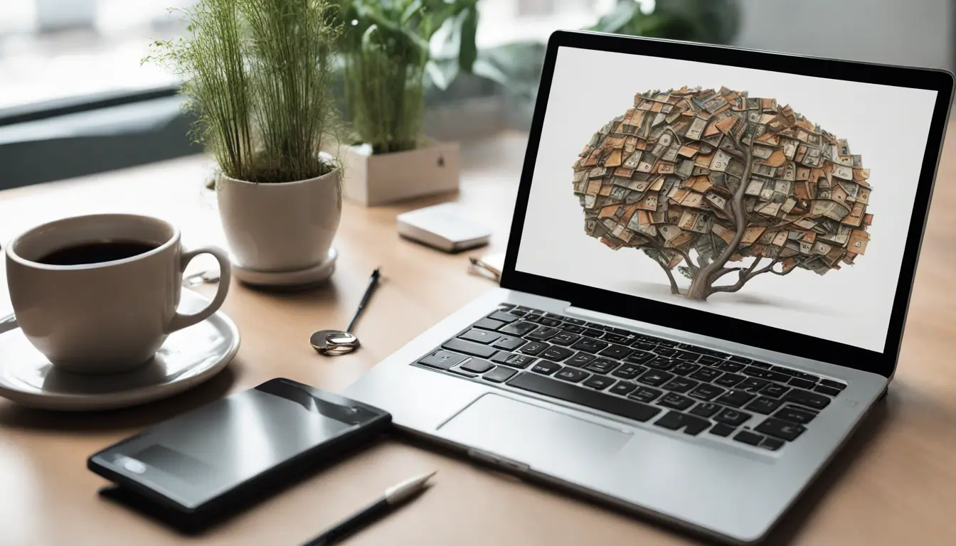Imagem ilustrativa de um escritório com laptop exibindo gráficos financeiros, calculadora, relatórios e xícara de café, relacionada à gestão de caixa empresarial.