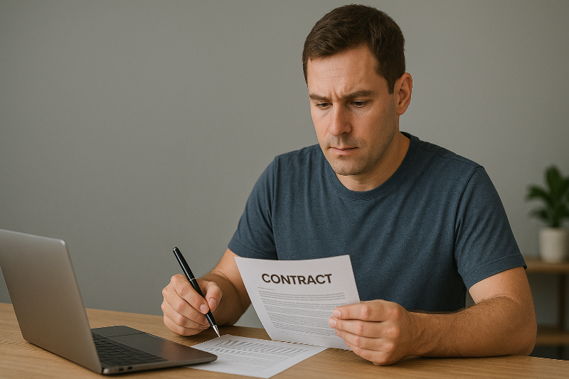 Mesa de escritório com contratos de prestação de serviços, calculadora, laptop aberto exibindo planilhas financeiras, e mãos revisando documentos com gráficos e números. Ambiente claro, moderno, com t