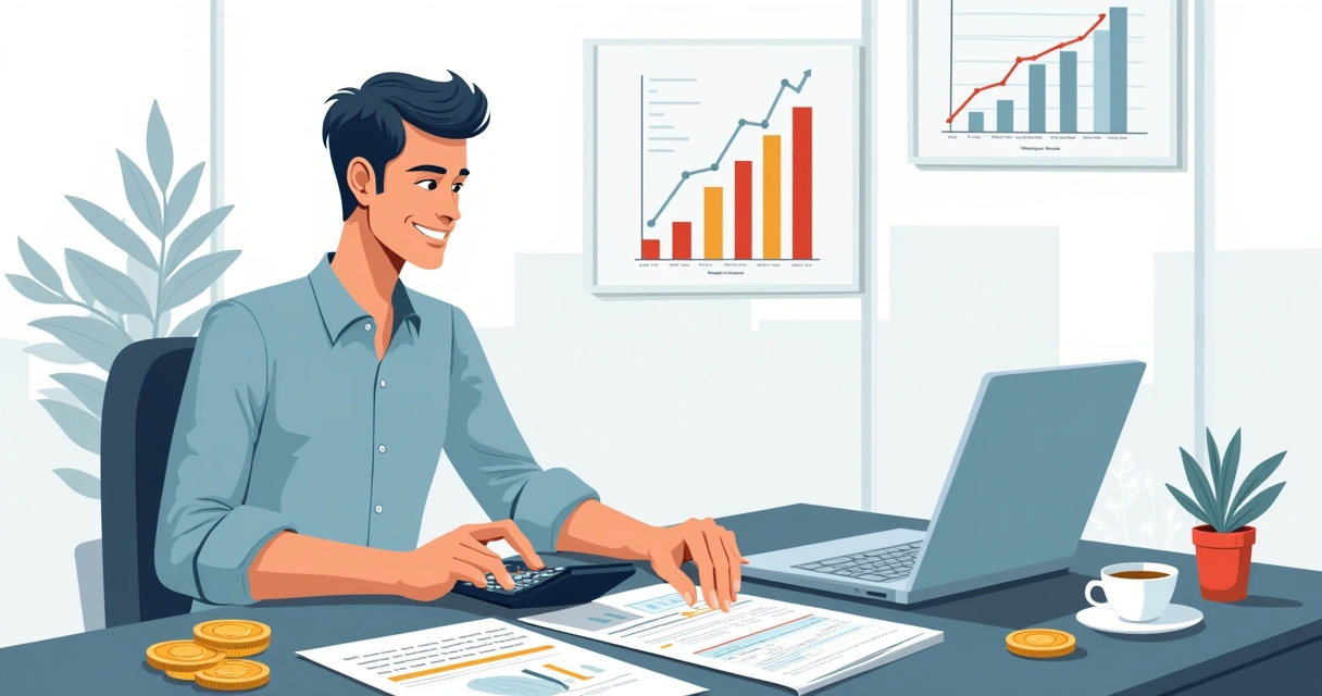 Empresário analisando documentos e calculadora com gráficos financeiros em mesa de escritório
