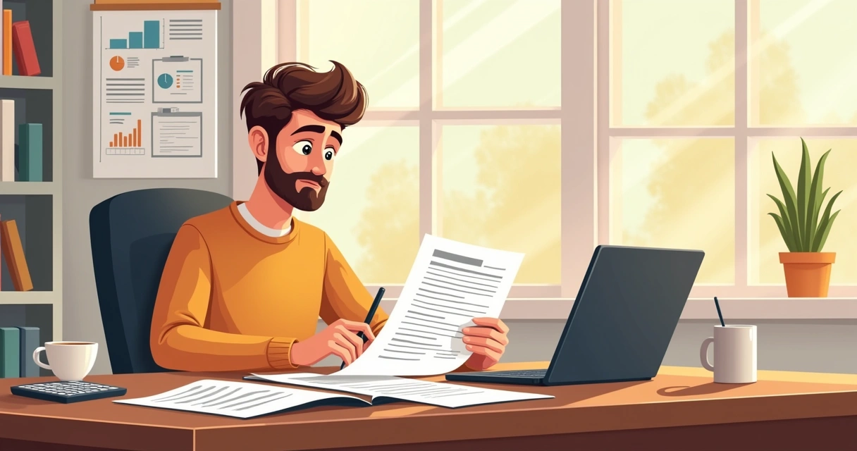 Empreendedor analisando plano de negócios em mesa de escritório com documentos e laptop