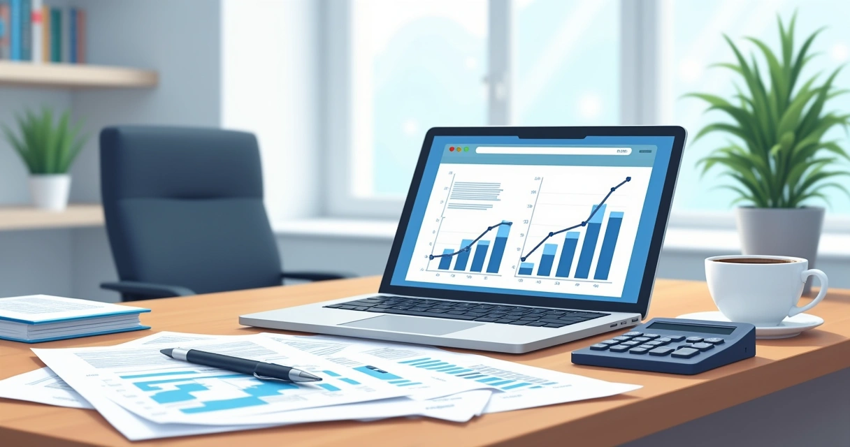 Mesa com documentos de apólices de seguros, calculadora e laptop aberto mostrando gráficos financeiros