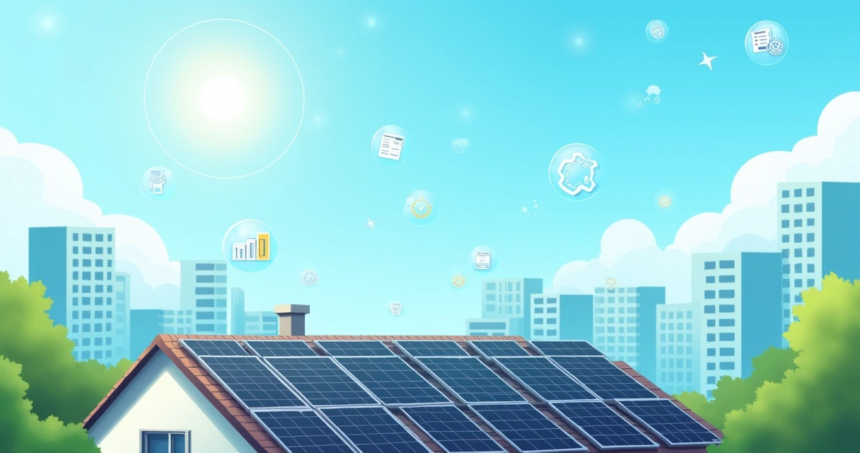 Painel solar instalado no telhado com gráficos financeiros e notas fiscais sobrepostos