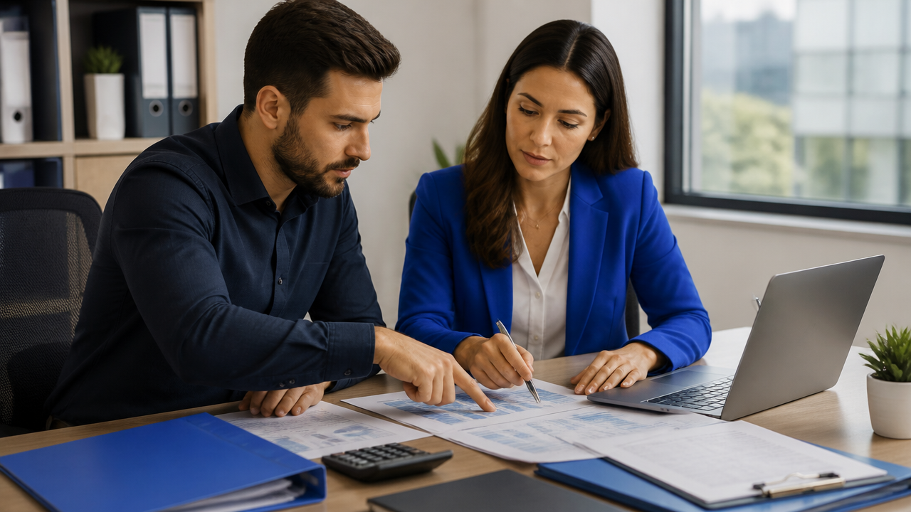 Empreendedor e contadora analisando documentos para fazer Abertura de empresa em escritório moderno