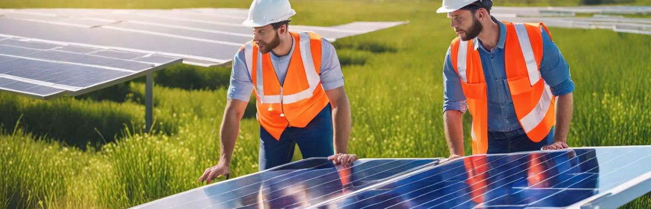 Profissionais de segurança analisando plantas em um grande campo de instalação de painéis solares sob um sol brilhante, representando os passos para abrir uma empresa de energia solar.