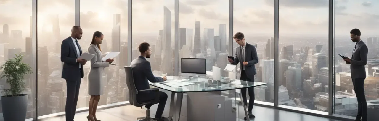 Grupo diversificado de pessoas analisando documentos e dispositivos digitais em um escritório moderno, com gráficos de seguros visíveis e uma paisagem urbana ao fundo.