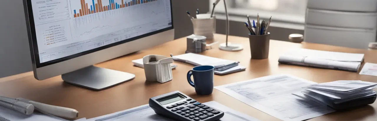 Escritório com computador mostrando gráficos, calculadora e modelo de corretora de seguros, representando os custos de contabilidade para corretoras.