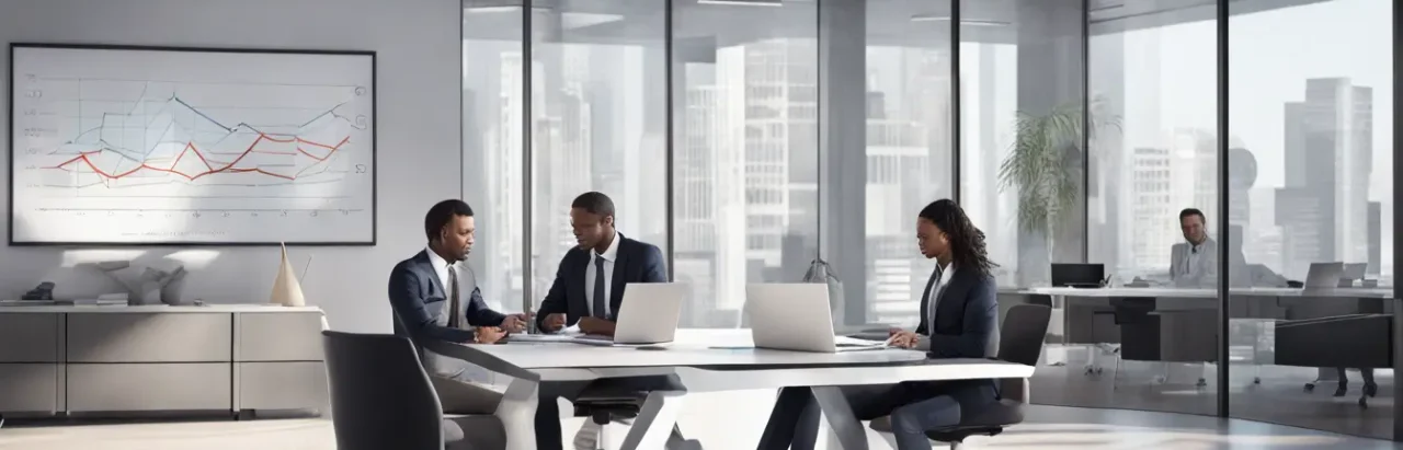 Profissionais de diferentes etnias discutindo estratégias em uma corretora de seguros moderna, ideal para captar clientes.