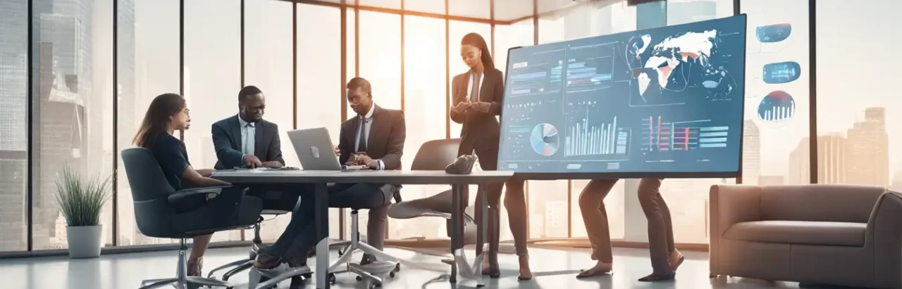 Grupo diversificado de profissionais em escritório moderno discutindo estratégias de marketing para corretoras de seguros com símbolos relacionados ao seguro.