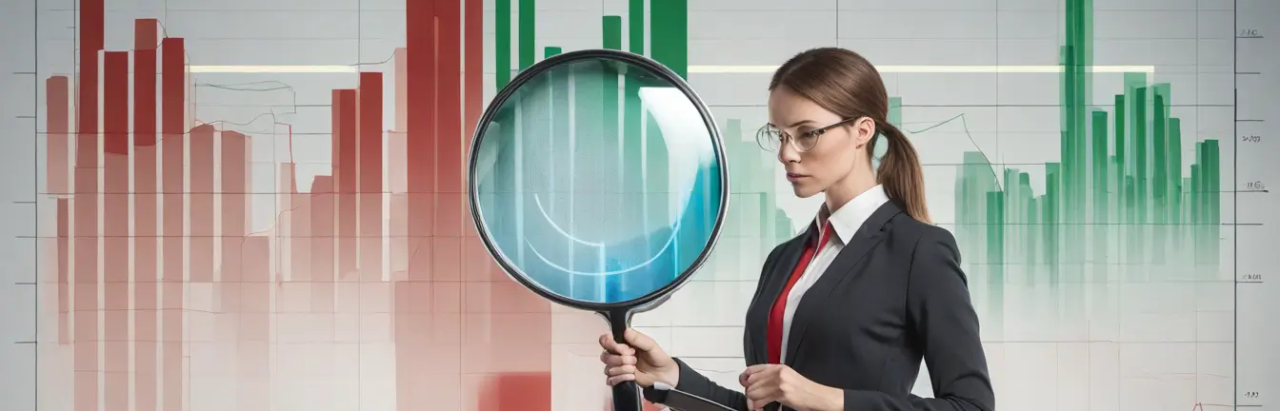 Empresária analisando gráfico financeiro com lupa e símbolo de escudo azul, representando a gestão eficaz na prevenção de problemas financeiros na empresa.