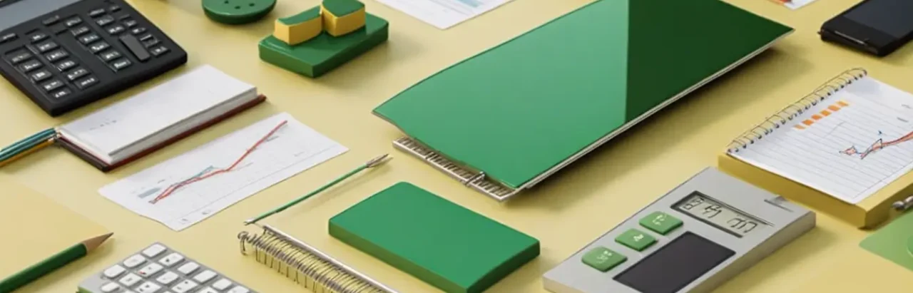 Estratégias de economia de impostos para empresas de energia solar, ilustradas por documentos, calculadora e painéis solares em uma mesa de escritório.