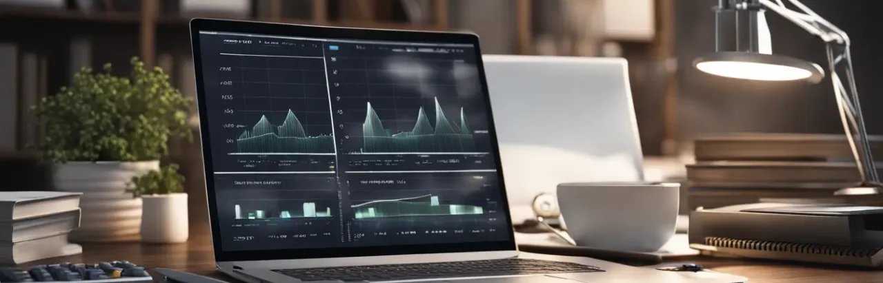 Escritório moderno com laptop prata mostrando gráficos 3D flutuantes e itens de contabilidade tradicionais, simbolizando a inteligência artificial na contabilidade.