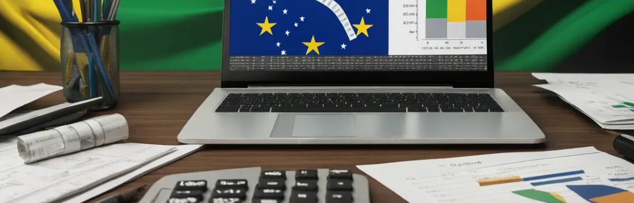 Imagem representando a análise financeira do Simples Nacional com bandeira do Brasil, notebook com gráficos e documentos contábeis.