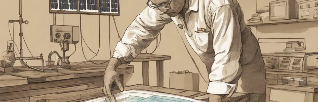 Contabilista analisando dados financeiros sobre investimento em energia solar, com painéis solares ao fundo em um dia ensolarado.
