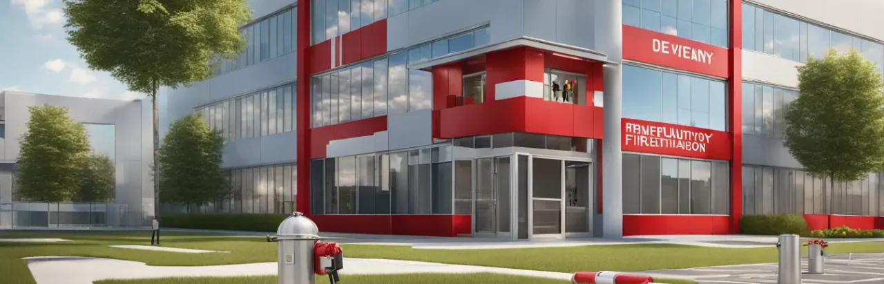 Edifício corporativo moderno com área de combate a incêndios e sinalização de segurança refletindo um compromisso com baixo risco para bombeiros.