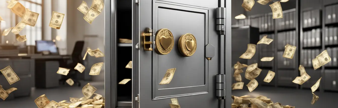Imagem de um cofre robusto em um escritório, com dinheiro e moedas de ouro transbordando, envolvido por símbolos de saúde, representando a importância do seguro para a saúde financeira da empresa.