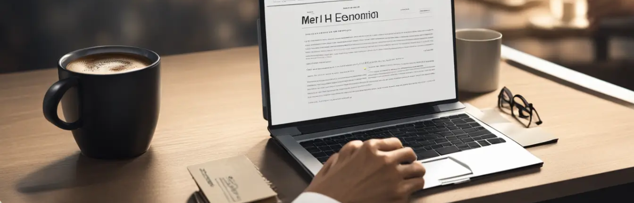 Empreendedor planejando a abertura de um MEI com laptop, bloco de notas e caneca de café em um ambiente de escritório iluminado.