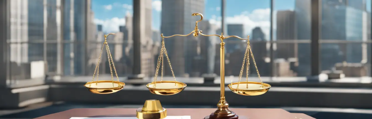Imagem de uma balança dourada em um escritório, equilibrando papelada trabalhista e um prédio corporativo, representando as mudanças na legislação trabalhista para empresas.