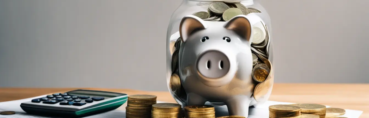 Imagem de um cofrinho transparente cheio de moedas de ouro, sobre notas de várias moedas em uma mesa de madeira com uma planta verde ao lado e uma calculadora moderna, representando gestão de finanças