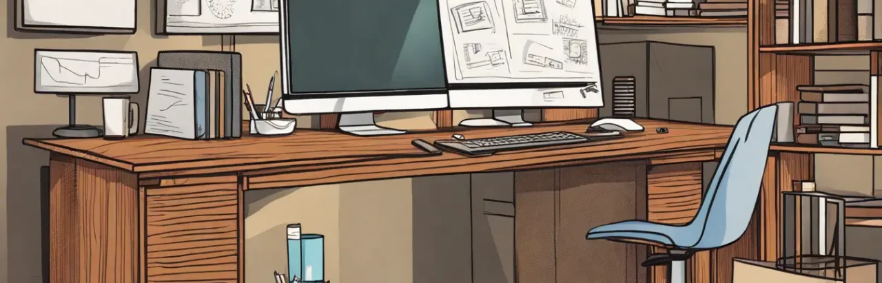 Imagem representando a importância do código CNAE para empresas, com gráficos em tela de computador e catálogo de arquivos rotulados sobre uma mesa de escritório.