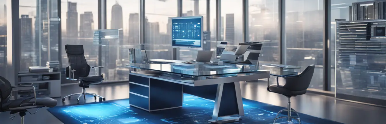 Imagem de um escritório moderno iluminado, com um computador de alta tecnologia exibindo gráficos, calculadora futurista e livros de contabilidade sobre um tapete azul.