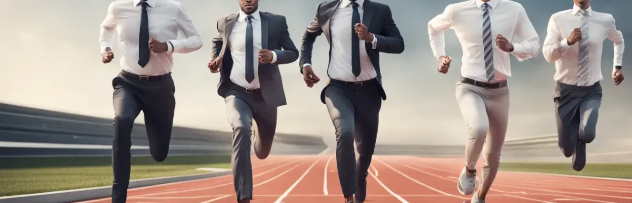 Empreendedores diversos prontos para correr em pista de atletismo, simbolizando hábitos de alta performance para sucesso nos negócios.
