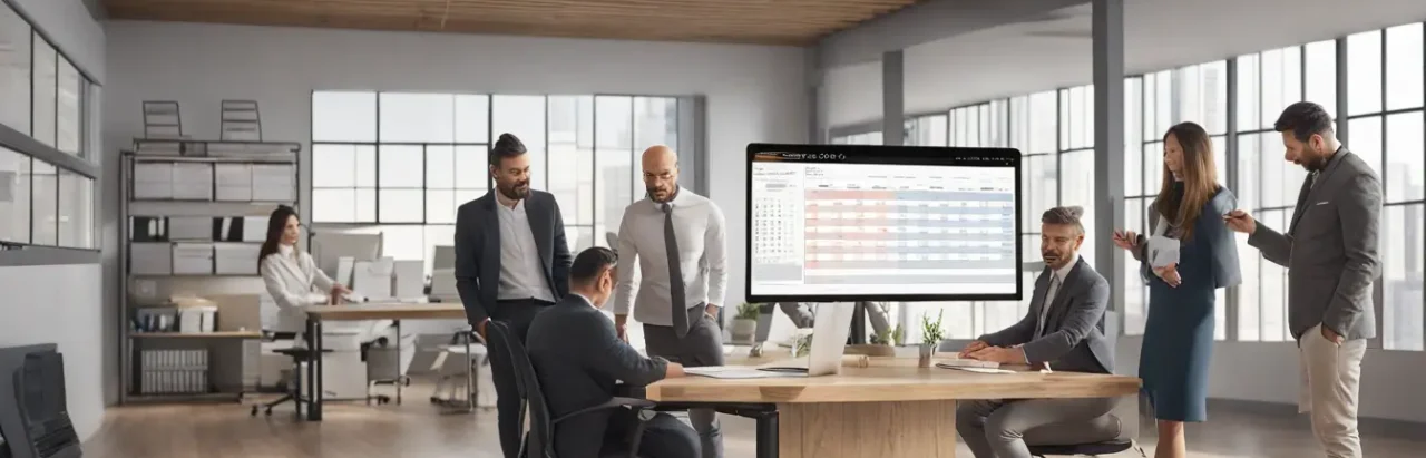 Grupo de profissionais analisando checklist em tablet para abertura de empresas em 2024, com modelo de edifício metálico e calendário digital ao fundo.