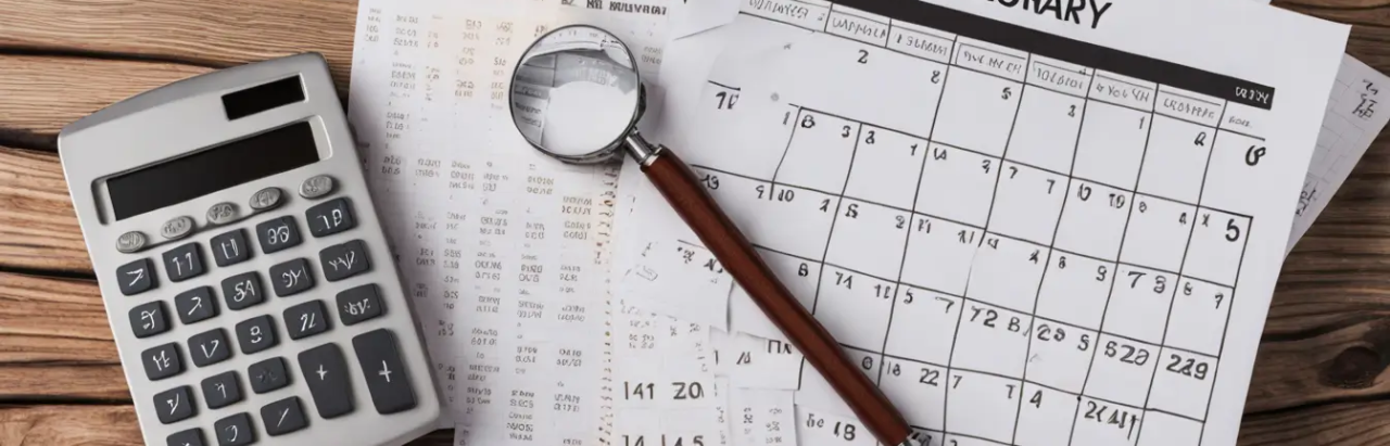 Imagem de um calendário em uma mesa de madeira com uma lupa focando em Janeiro, uma calculadora e uma pilha de formulários de impostos brasileiros para planejamento tributário.