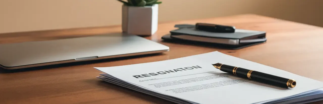 Carta de demissão em papel branco sobre mesa de madeira com caneta preta e laptop prateado ao lado.