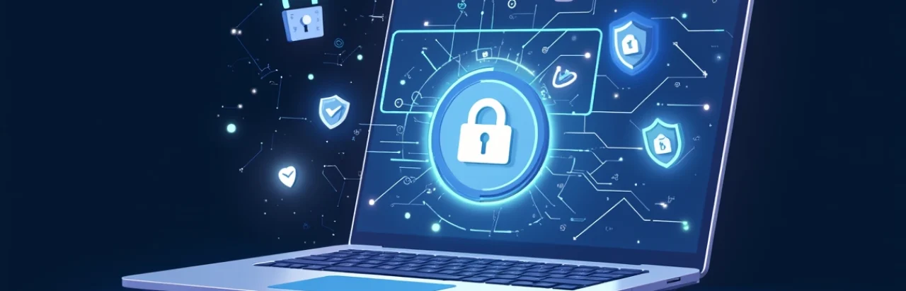 Ilustração de um certificado digital em formato de selo luminoso sobre um laptop aberto, com elementos digitais ao fundo indicando segurança cibernética