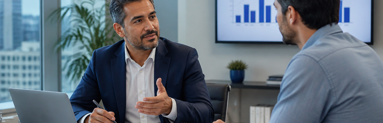 Corretor de seguros orientando um empresário em reunião de consultoria no escritório