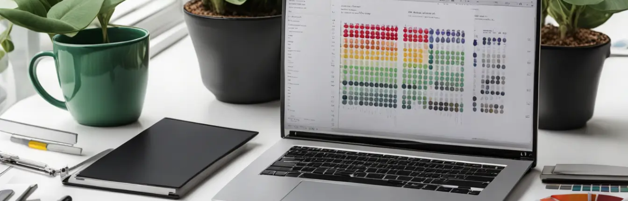 Imagem de um laptop exibindo gráficos coloridos e documentos digitais, simbolizando a contabilidade digital, em uma mesa limpa com uma planta, óculos e uma xícara de café, representando o ambiente de trabalho do empreendedor.