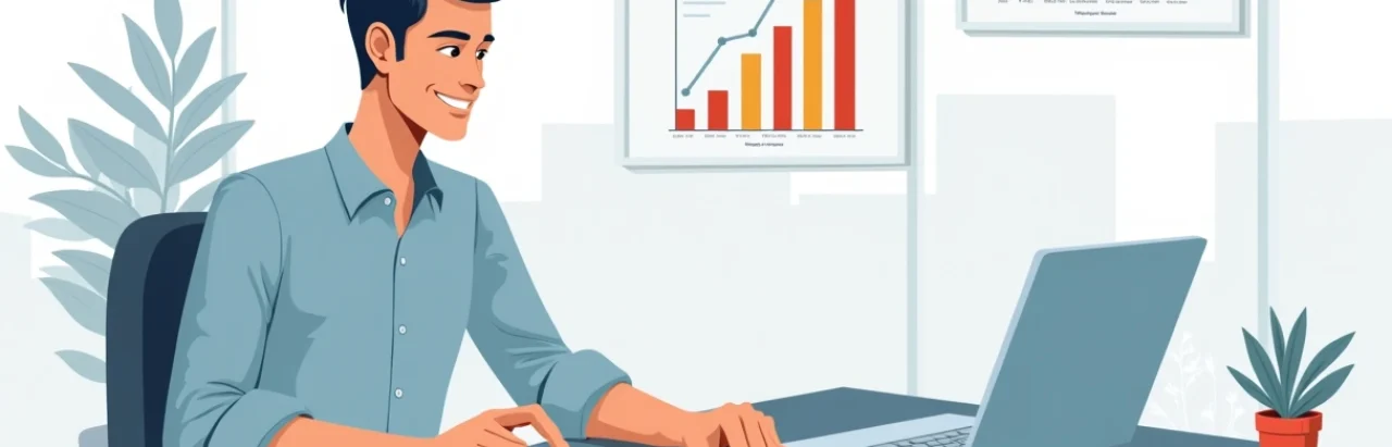 Empresário analisando documentos e calculadora com gráficos financeiros em mesa de escritório