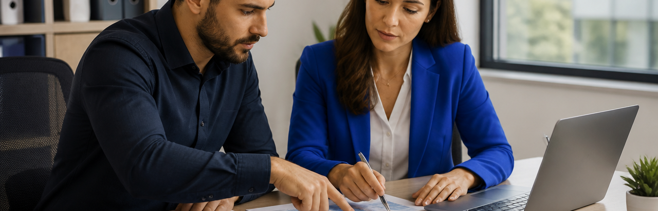 Empreendedor e contadora analisando documentos para fazer Abertura de empresa em escritório moderno