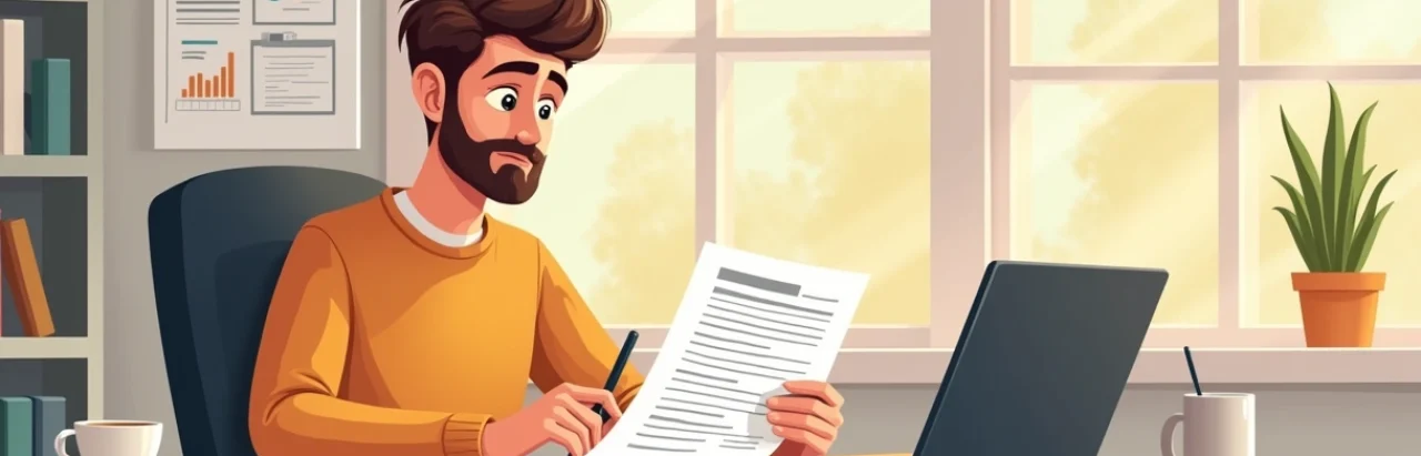 Empreendedor analisando plano de negócios em mesa de escritório com documentos e laptop