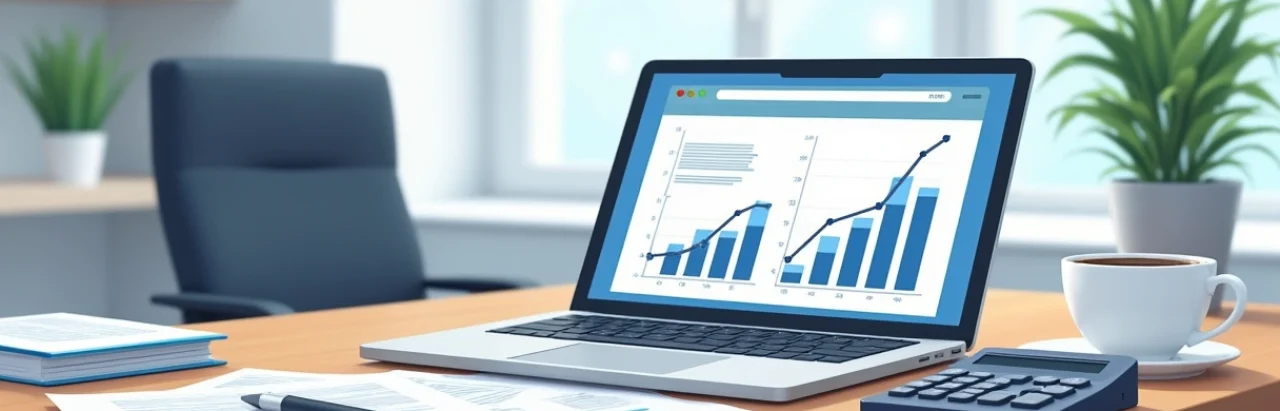 Mesa com documentos de apólices de seguros, calculadora e laptop aberto mostrando gráficos financeiros