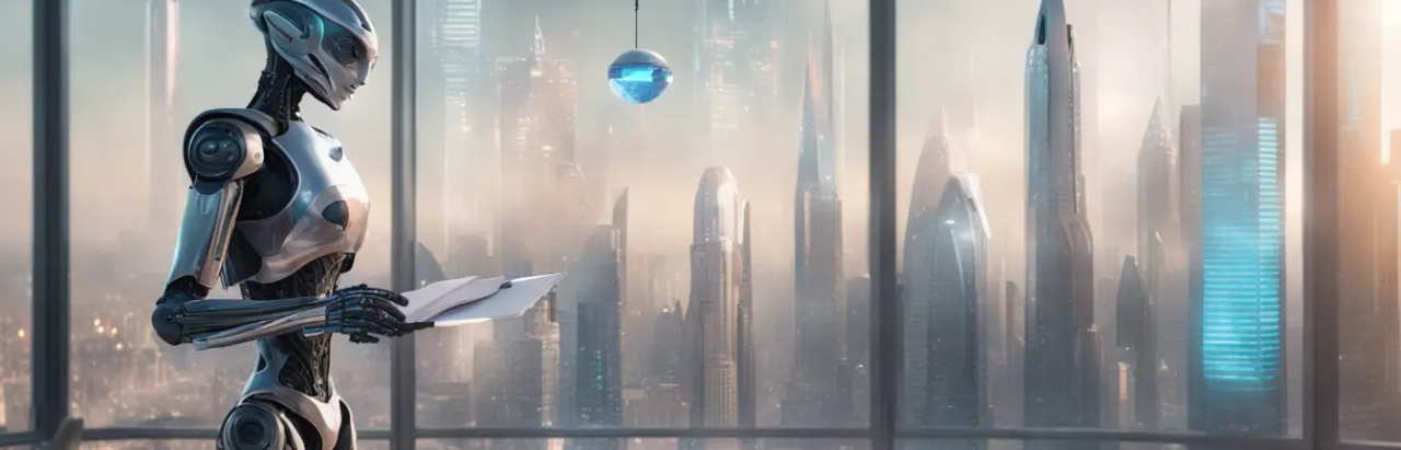 Imagem futurista de uma cidade com arranha-céus de vidro mostrando balanços contábeis holográficos, um drone carregando um livro-razão e um robô analisando gráfico de pizza holográfico.