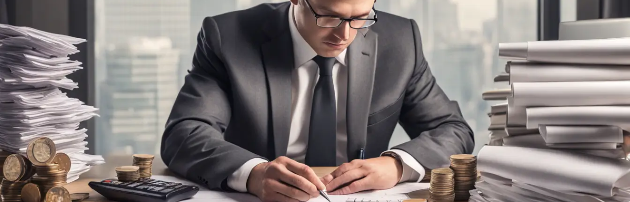 Empresário organizando o orçamento da sua empresa com gráficos, calculadora e cofrinho na mesa de trabalho, representando finanças para empreendedores.