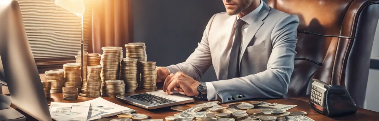 Empresário em traje formal gerindo finanças com laptop, calculadora, moedas, notas de dólar, e cofrinho na mesa iluminado por uma lâmpada de mesa.