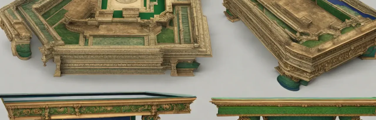 Escritório corporativo com gráfico de balanço patrimonial em 3D sobre mesa de mogno, simbolizando análise financeira empresarial.