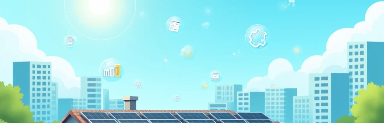 Painel solar instalado no telhado com gráficos financeiros e notas fiscais sobrepostos