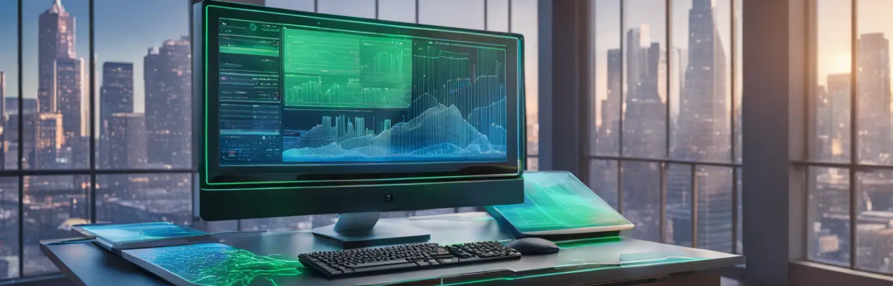 Imagem de um computador futurista representando tecnologia avançada na gestão contábil projetando dados e gráficos holográficos, com um esboço de um centro financeiro ao fundo.