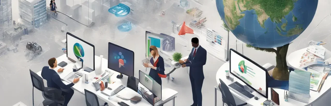 Pessoas de diversas etnias analisando documentos de seguros em um escritório moderno, simbolizando as melhores franquias de seguros no mercado.