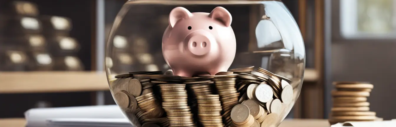 Imagem de um cofrinho transparente cheio de moedas e cédulas sobre uma mesa de madeira polida, com um ábaco e um sistema de arquivos bem organizado ao fundo, simbolizando gestão financeira eficiente.
