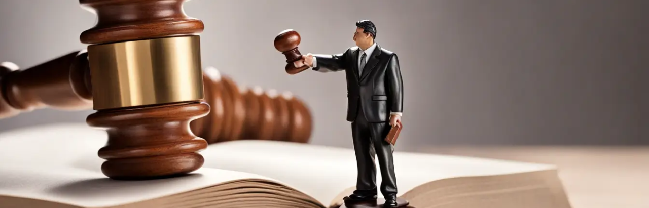 Imagem de um martelo de juiz e um livro de leis com miniaturas de empresário e empregado se cumprimentando, representando atualizações na legislação trabalhista.